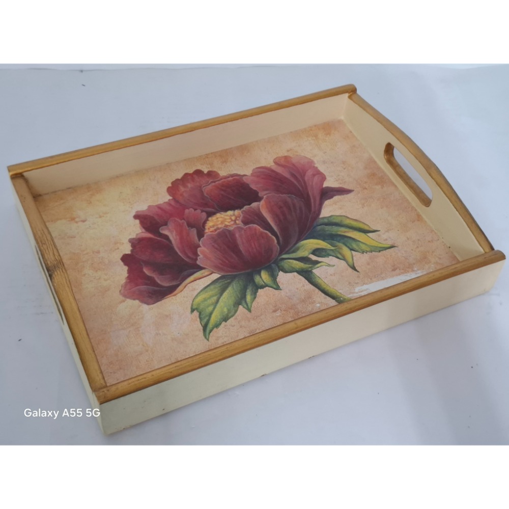 高級木質牡丹花卉圖案托盤居家生活-細節圖3