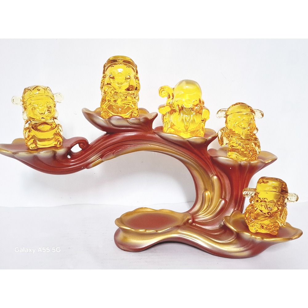 福祿壽喜財五路財神爺黃水晶擺飾（含展示架）-細節圖2