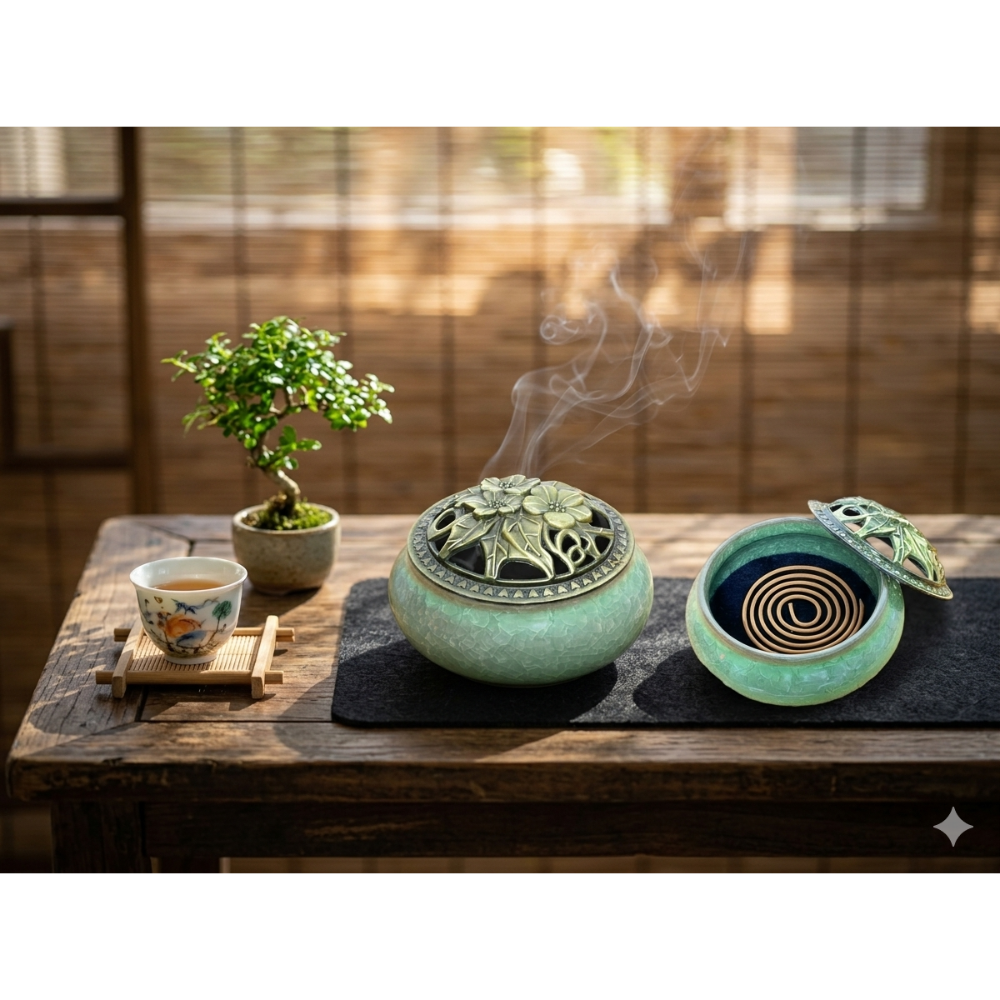 結晶釉雕花銅合金上蓋陶瓷薰香爐(AI-6)-細節圖3