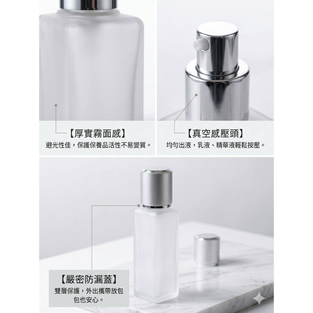 沙龍專櫃級四方型磨砂玻璃按壓頭乳液清潔液100ml(AI-11)分裝瓶-細節圖4