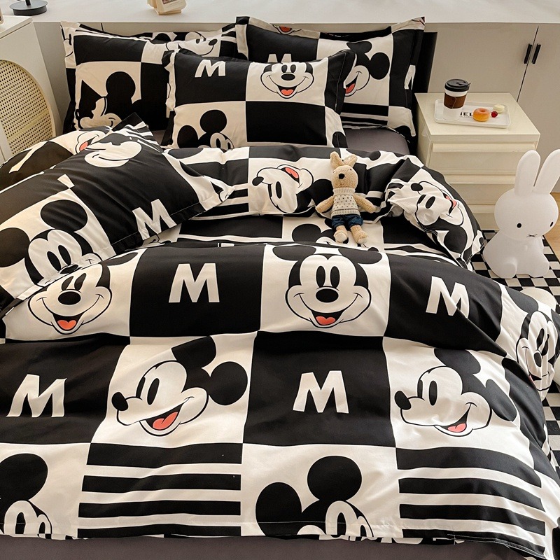 黑白米奇 可愛卡通迪士尼 水洗棉床包 米奇 維尼熊 米老鼠 柔軟親膚 動漫 床罩 單人/雙人/加大雙人床包 禮物交換-細節圖2