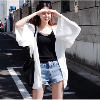 外套🔥台灣現貨🔥韓版大碼 防曬衣 薄外套 寬鬆顯瘦 沙灘披肩 光板雪紡 開衫 罩衫 新款七分袖小清新外套 長袖上衣-細節圖2