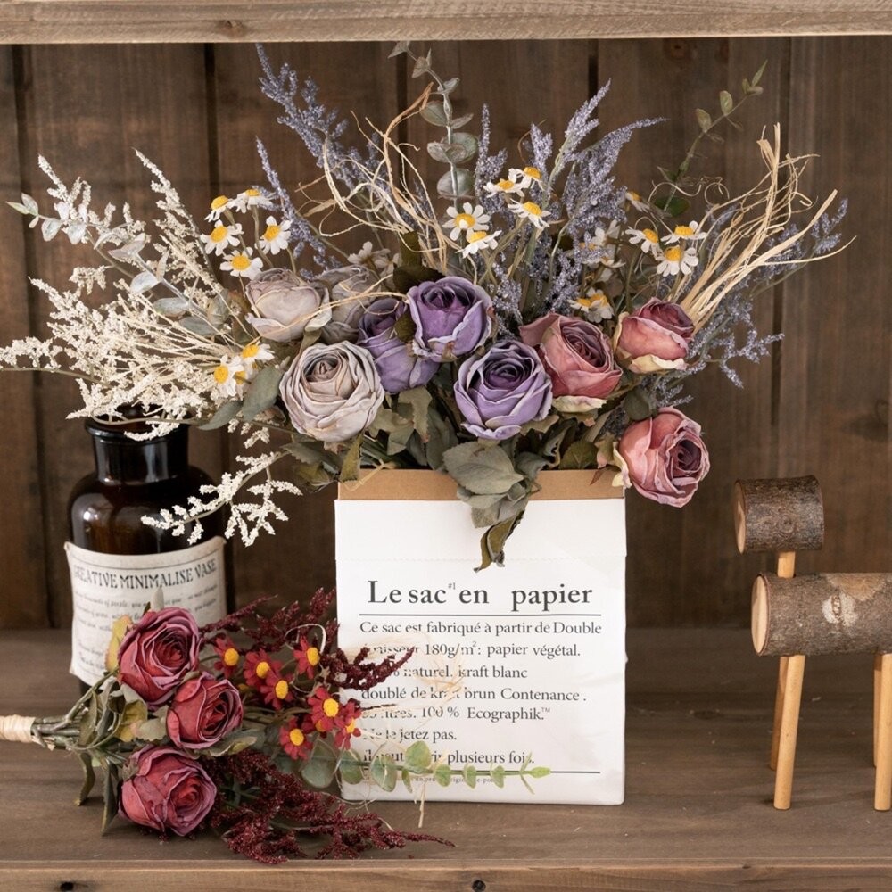 仿真花 微笑乾燒玫瑰花束 假花手捧花 玫瑰花牆 家居裝飾-細節圖2