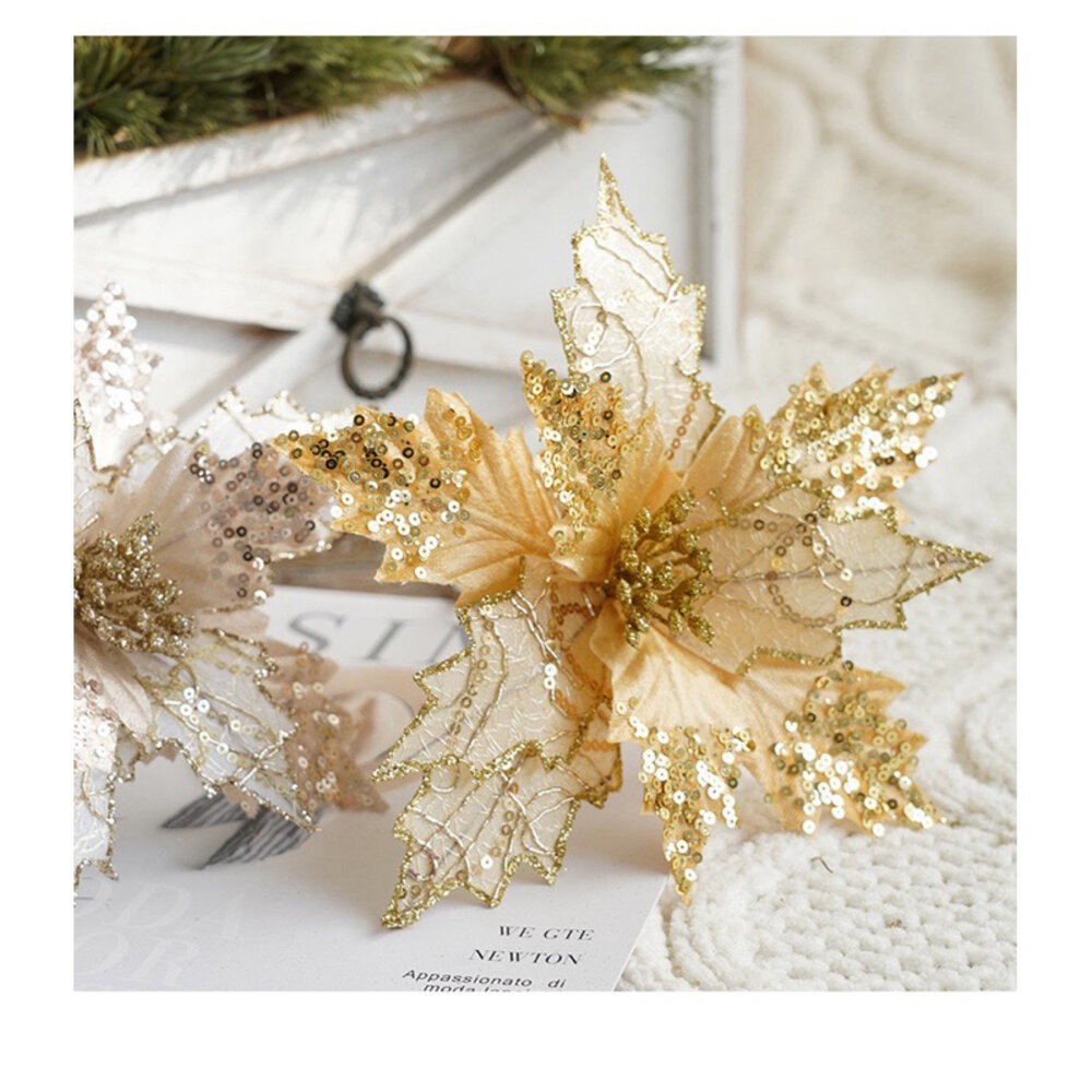 聖誕紅裝飾 聖誕 亮片聖誕紅 人造花 裝飾花拍照道具 聖誕樹裝飾-細節圖3