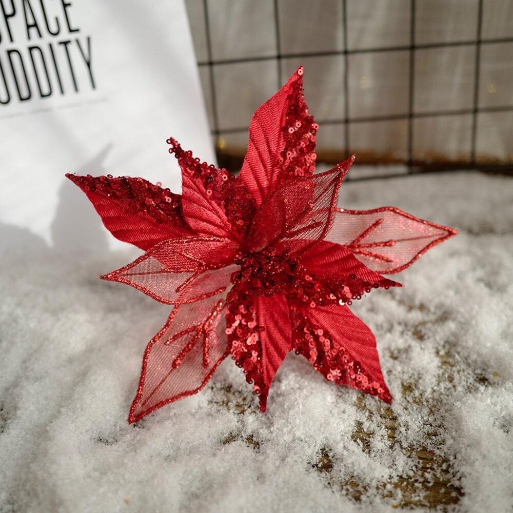 聖誕紅裝飾 聖誕 亮片聖誕紅 人造花 裝飾花拍照道具 聖誕樹裝飾-細節圖5