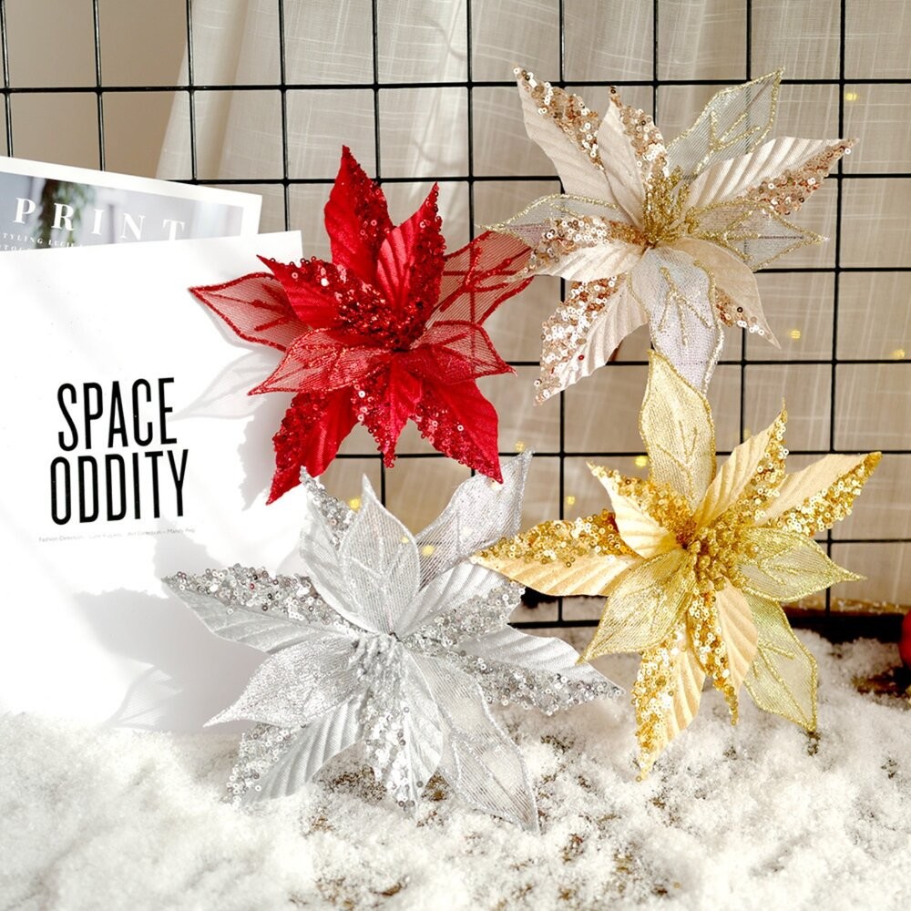 聖誕紅裝飾 聖誕 亮片聖誕紅 人造花 裝飾花拍照道具 聖誕樹裝飾-細節圖7