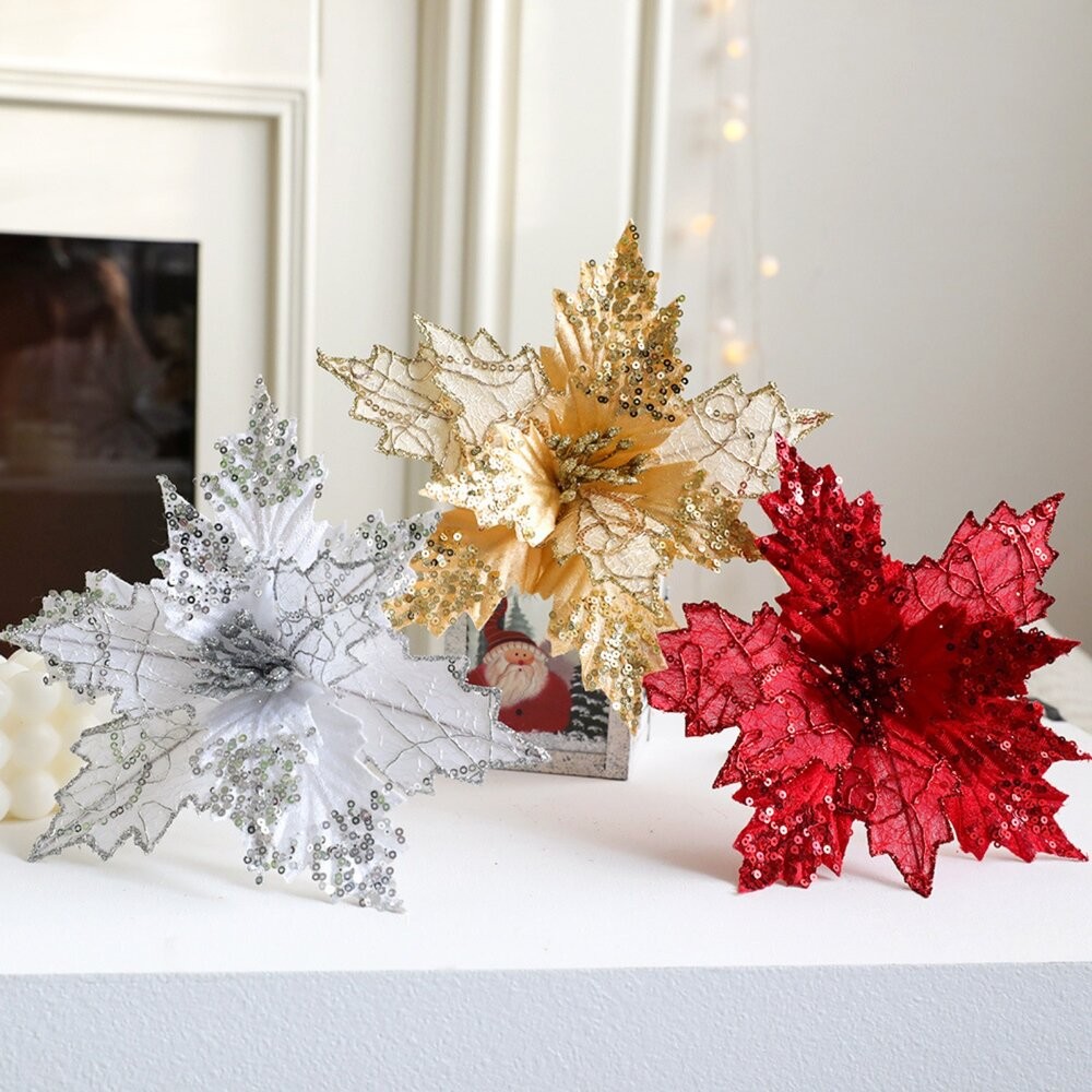 聖誕紅裝飾 聖誕 亮片聖誕紅 人造花 裝飾花拍照道具 聖誕樹裝飾-細節圖8