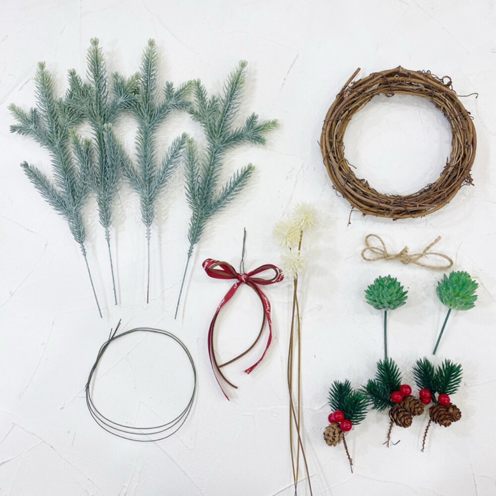 聖誕花圈材料包 組合包 diy材料 人造花 仿真花 松針 聖誕節 交換禮物 diy課程材料 拍照道具 拍照背景-細節圖3