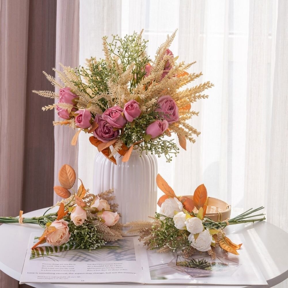 【森林海】玫瑰花束 仿真花 假花 居家裝飾 玫瑰花 乾燥花 唯美花束 油畫風玫瑰  芒草 小麥 麥穗 畢業花束  新娘捧-細節圖8