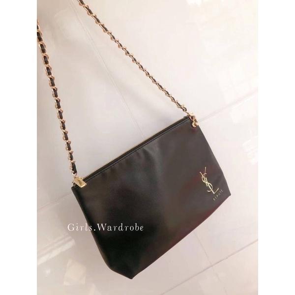 【𝐆𝐢𝐫𝐥𝐬.𝐖𝐚𝐫𝐝𝐫𝐨𝐛𝐞歐洲正品代購】YSL聖羅蘭專櫃VIP會員黑色皮革化妝包 改造鍊條包 斜背包-細節圖3