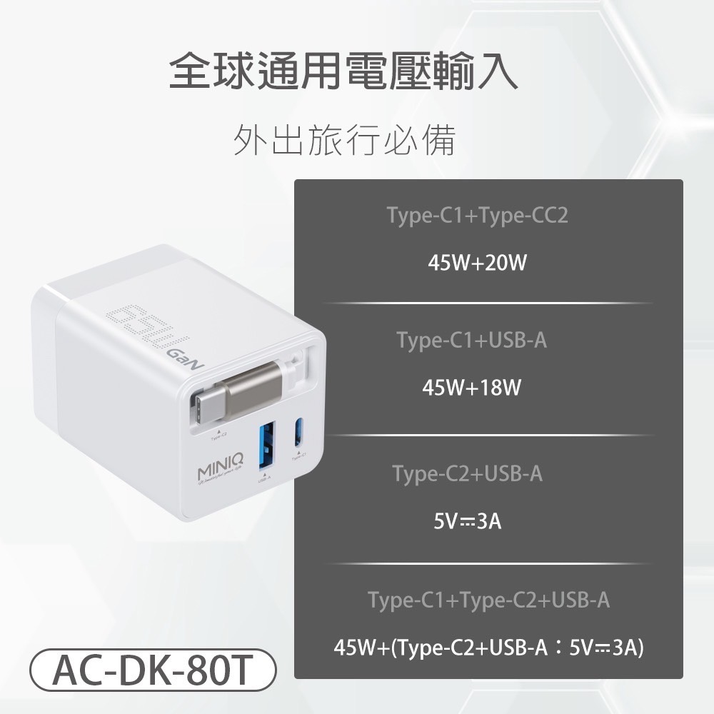 MINI Q AC-DK80T GaN 自帶線65W快速電源供應器-細節圖4