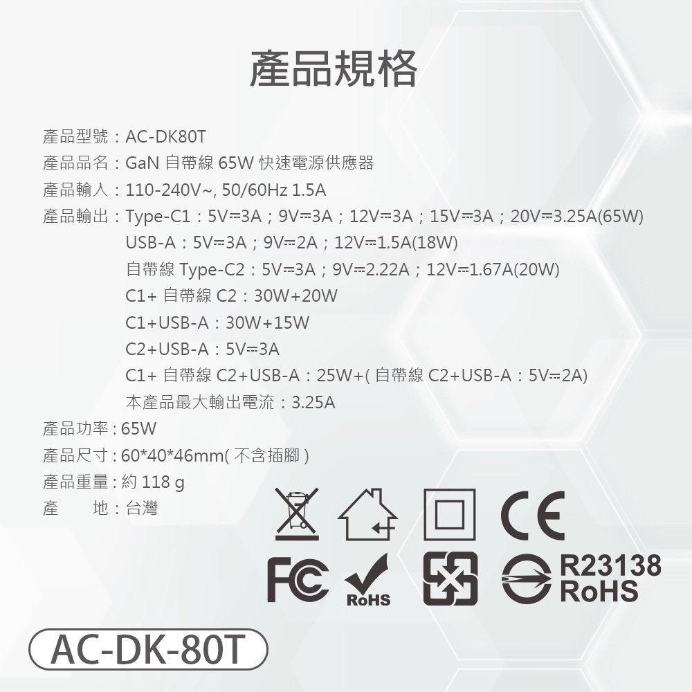 MINI Q AC-DK80T GaN 自帶線65W快速電源供應器-細節圖7