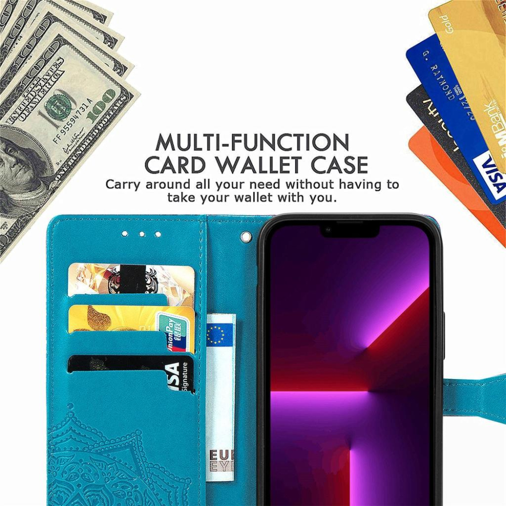 【純色壓花曼陀羅】適用 蘋果 iPhone13 Pro Max 13 mini 翻蓋式 磁扣 掛繩 支架 皮套 保護套-細節圖4