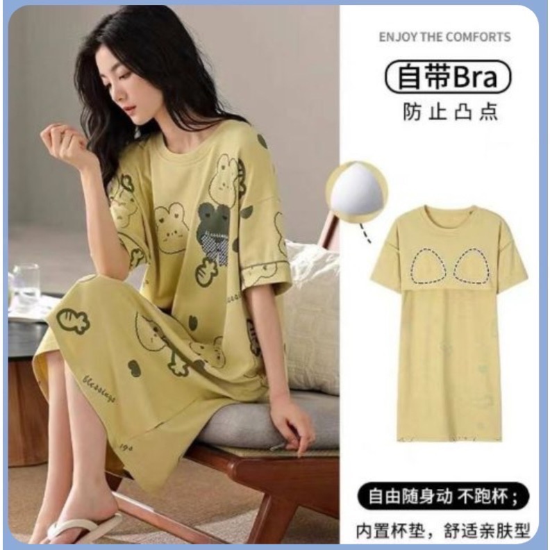 Bra居家服 圓領固定Bra短袖居家服洋裝有彈力無束縛感-細節圖4