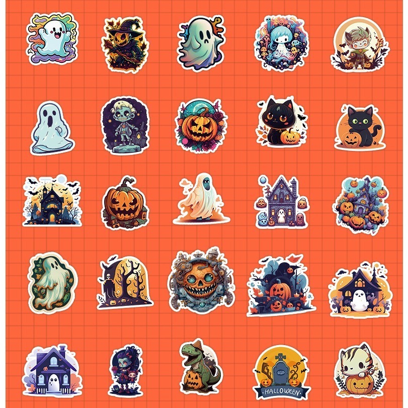 全館免運✨新款現貨 萬聖節塗鴉防水貼紙50張不重複 可重複貼黏 電腦冰箱水杯行李箱牆壁手帳裝飾布貼 兒童貼紙 萬聖節-細節圖7