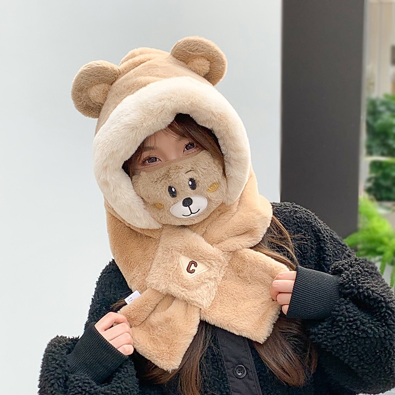 現貨 台灣 ✨ 圍巾 小熊帽子 小紅書爆款 聖誕節 新款秋冬保暖QQ小熊耳朵連帽圍巾 圍脖 明星同款 泰迪熊 情侶約會-細節圖2