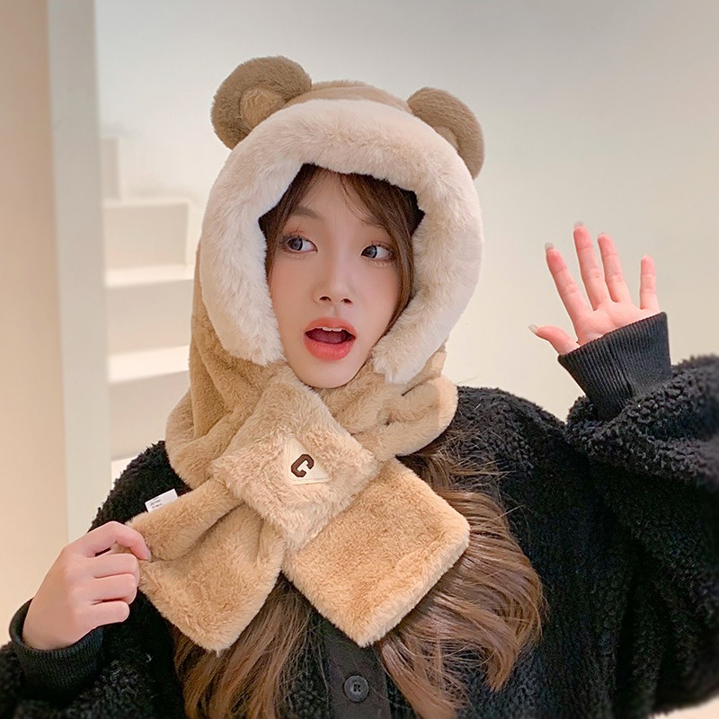 現貨 台灣 ✨ 圍巾 小熊帽子 小紅書爆款 聖誕節 新款秋冬保暖QQ小熊耳朵連帽圍巾 圍脖 明星同款 泰迪熊 情侶約會-細節圖3