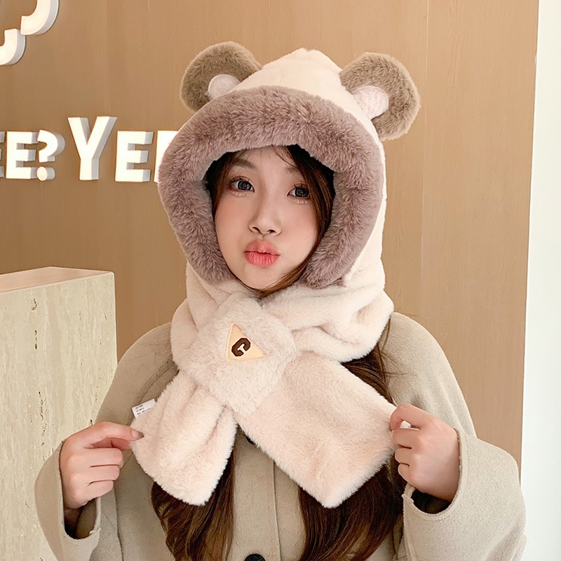 現貨 台灣 ✨ 圍巾 小熊帽子 小紅書爆款 聖誕節 新款秋冬保暖QQ小熊耳朵連帽圍巾 圍脖 明星同款 泰迪熊 情侶約會-細節圖4