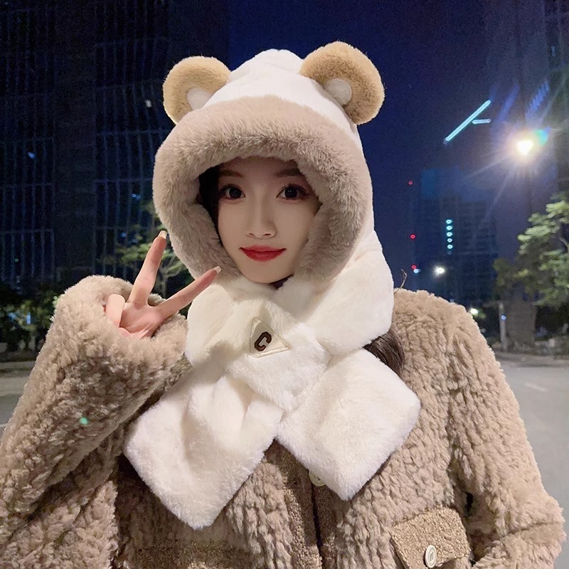 現貨 台灣 ✨ 圍巾 小熊帽子 小紅書爆款 聖誕節 新款秋冬保暖QQ小熊耳朵連帽圍巾 圍脖 明星同款 泰迪熊 情侶約會-細節圖6