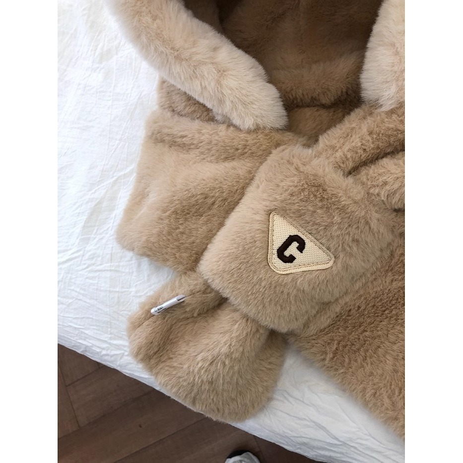 現貨 台灣 ✨ 圍巾 小熊帽子 小紅書爆款 聖誕節 新款秋冬保暖QQ小熊耳朵連帽圍巾 圍脖 明星同款 泰迪熊 情侶約會-細節圖7