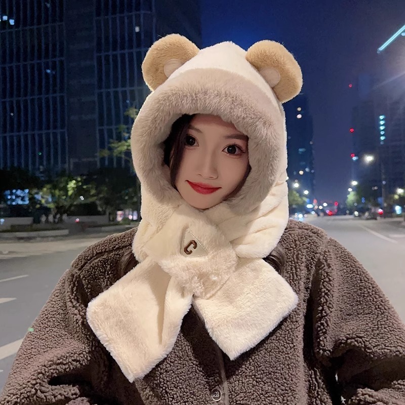 現貨 台灣 ✨ 圍巾 小熊帽子 小紅書爆款 聖誕節 新款秋冬保暖QQ小熊耳朵連帽圍巾 圍脖 明星同款 泰迪熊 情侶約會-細節圖8