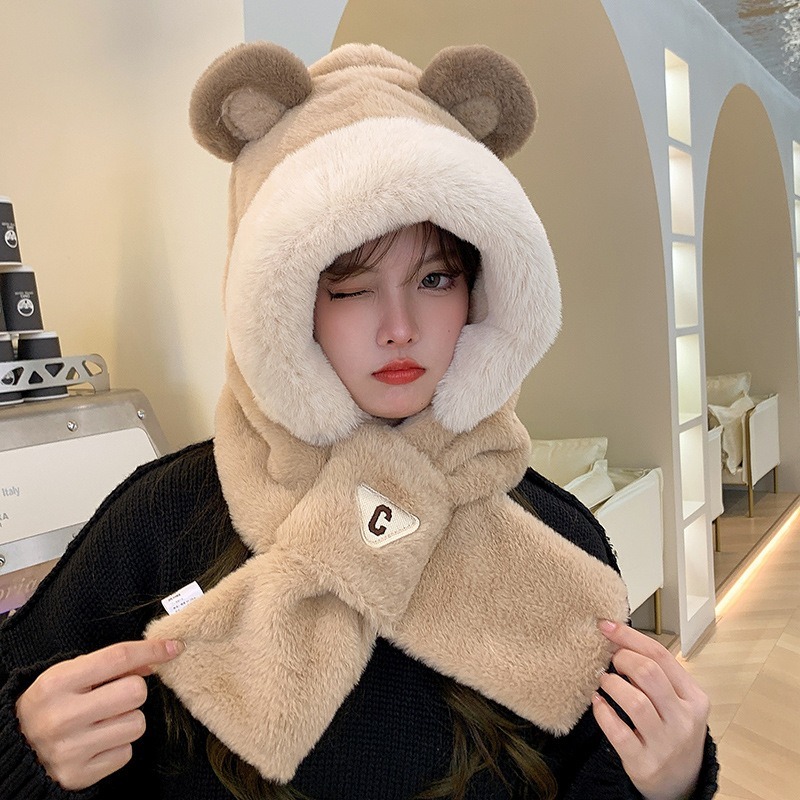 現貨 台灣 ✨ 圍巾 小熊帽子 小紅書爆款 聖誕節 新款秋冬保暖QQ小熊耳朵連帽圍巾 圍脖 明星同款 泰迪熊 情侶約會-細節圖9