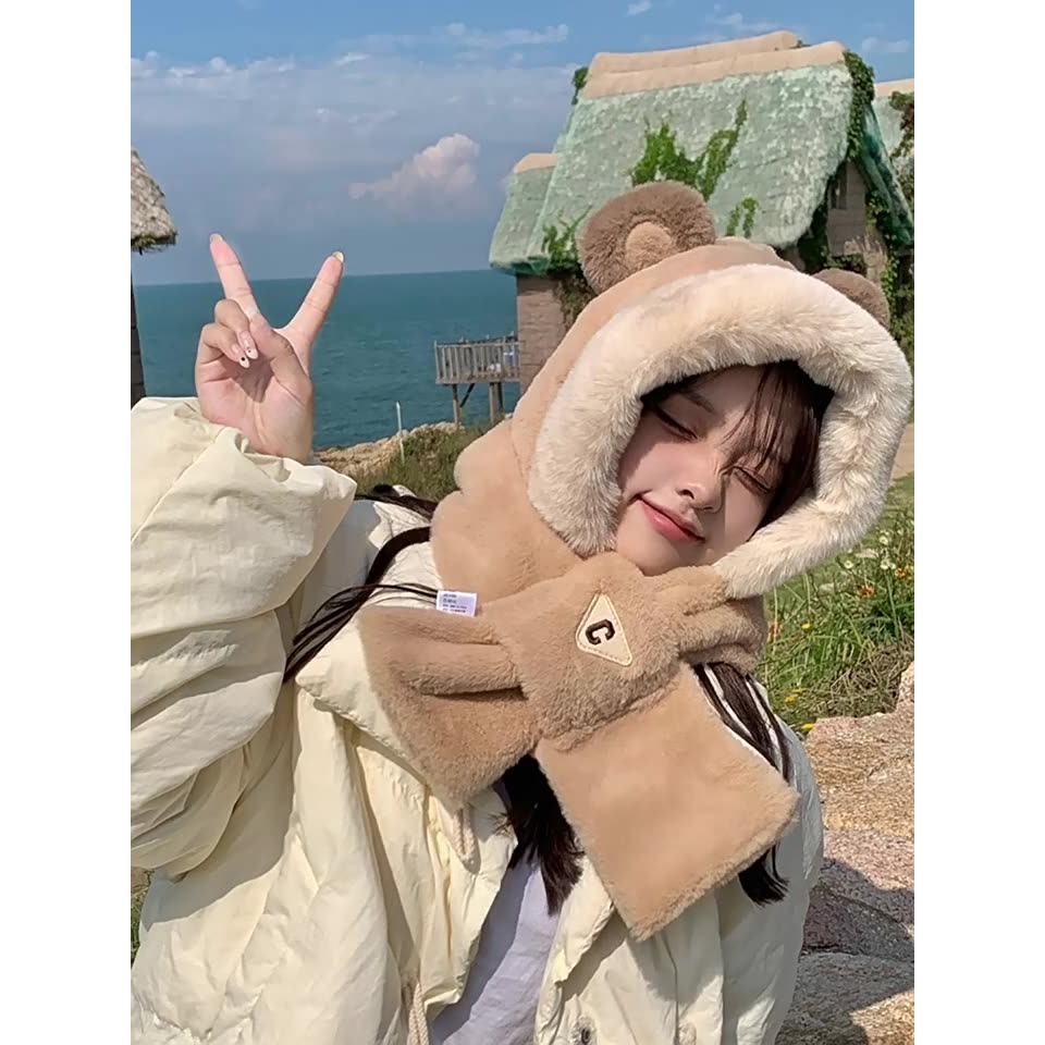 現貨 台灣 ✨ 圍巾 小熊帽子 小紅書爆款 聖誕節 新款秋冬保暖QQ小熊耳朵連帽圍巾 圍脖 明星同款 泰迪熊 情侶約會-細節圖10