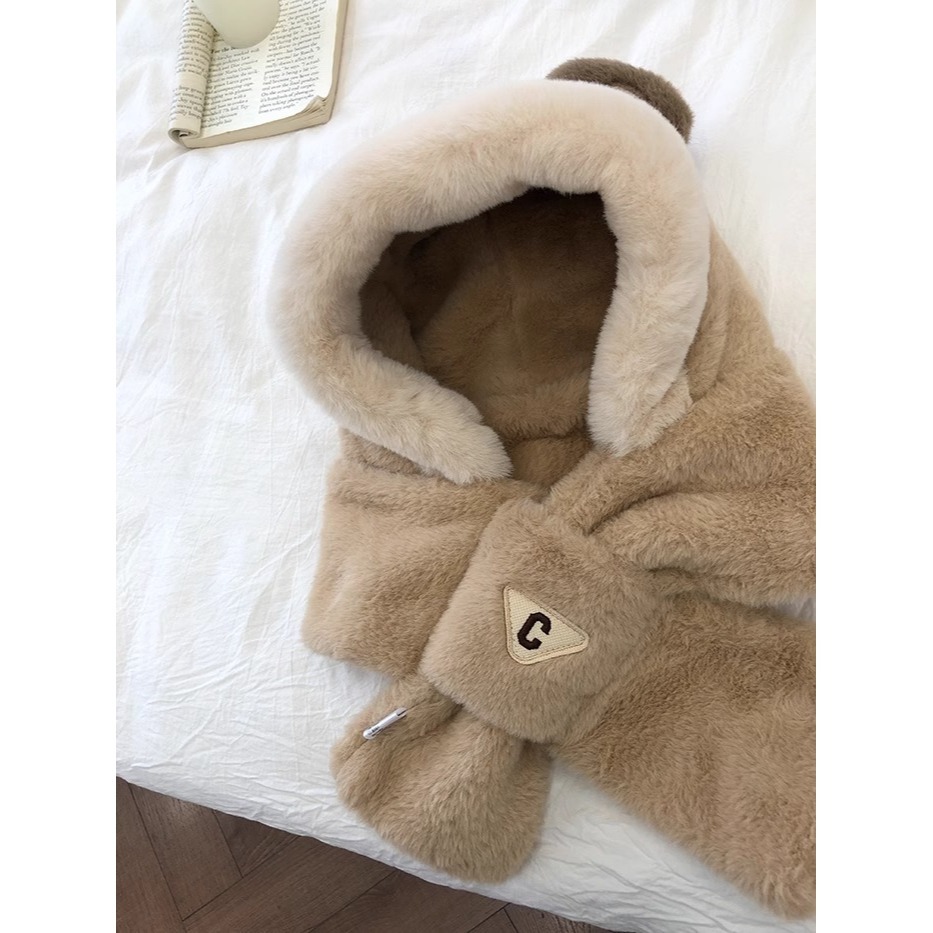 現貨 台灣 ✨ 圍巾 小熊帽子 小紅書爆款 聖誕節 新款秋冬保暖QQ小熊耳朵連帽圍巾 圍脖 明星同款 泰迪熊 情侶約會-細節圖11