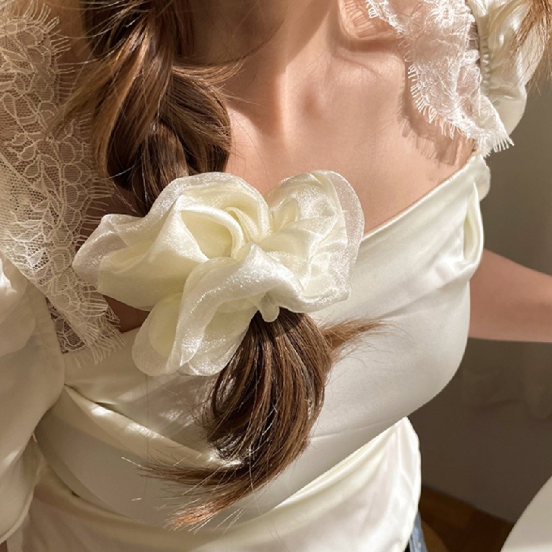 現貨 台灣 ✨ 髮圈 韓風雙層高級歐根紗髮圈 法式浪漫 珍珠光澤 低調奢華 時尚網紗髮圈 大腸圈 髮飾 小紅書同款-細節圖5