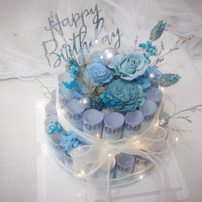 【KIRA與花花藝】永生花鈔票蛋糕雙層－天空藍/可放36張/ 有錢花 永生花 乾燥花 生日 禮物 錢蛋糕 父親節