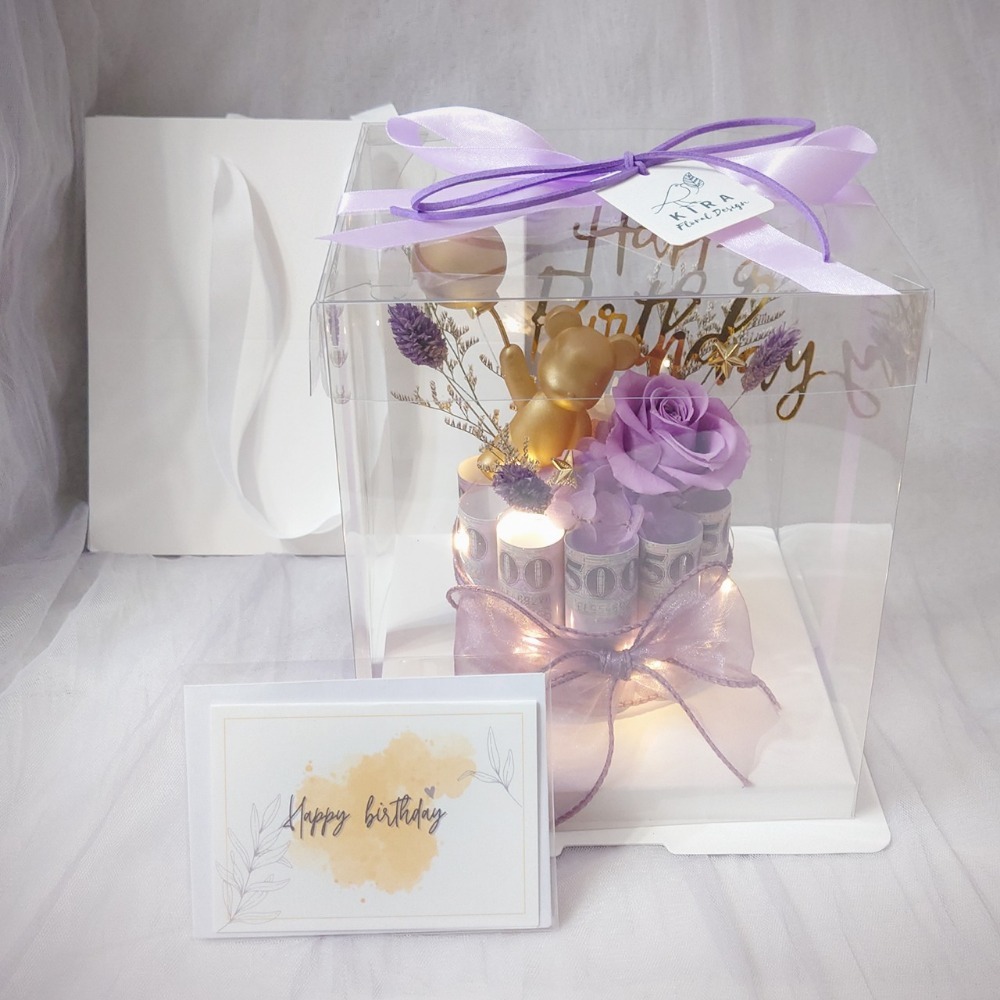 【KIRA與花花藝】氣球熊迷你永生花鈔票蛋糕－天空藍/可放10張/ 有錢花 永生花 乾燥花 生日 禮物 錢蛋糕 父親節-細節圖7