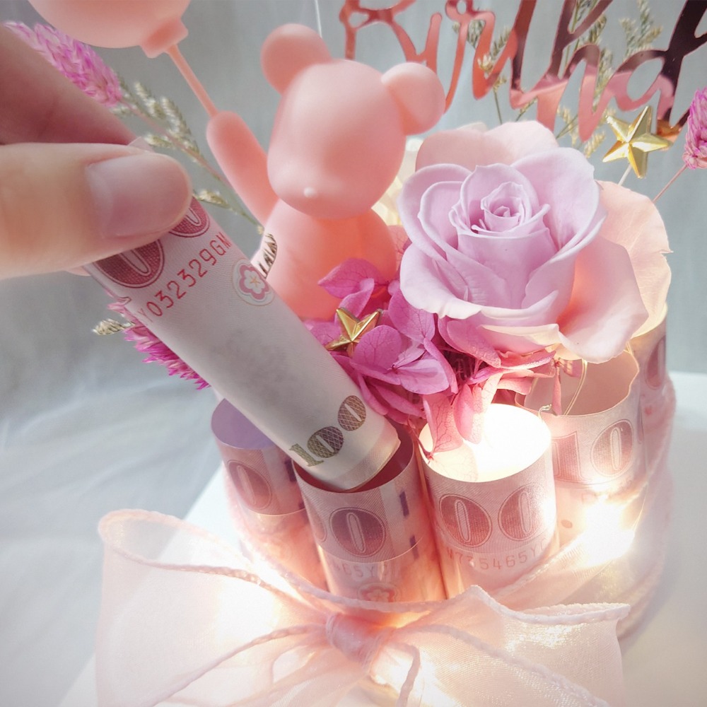 【KIRA與花花藝】氣球熊迷你永生花鈔票蛋糕－香檳橘/可放10張/ 有錢花 永生花 乾燥花 生日 禮物 錢蛋糕 父親節-細節圖4