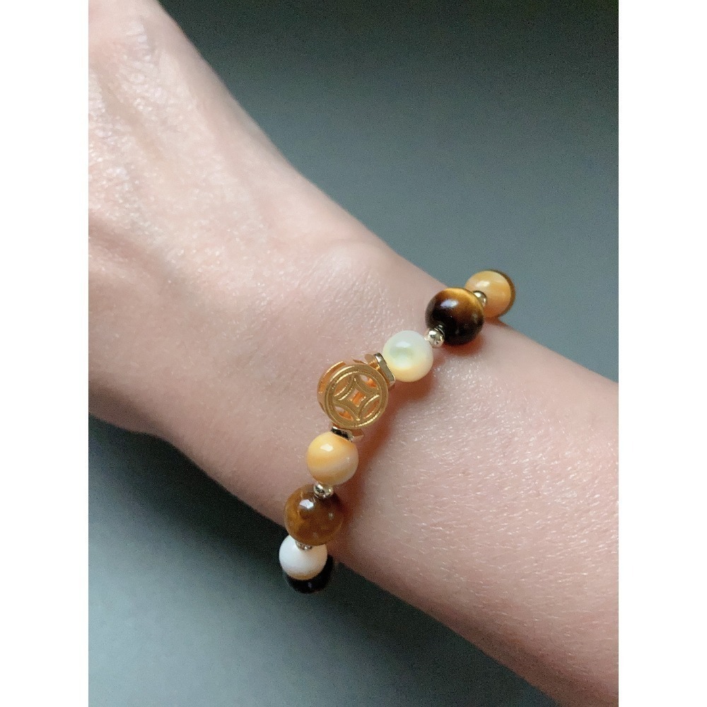 招財雙錢虎眼黃貝玉手鍊-細節圖2