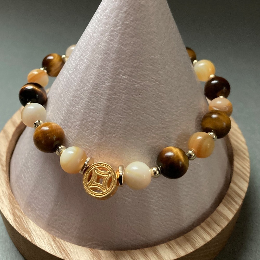 招財雙錢虎眼黃貝玉手鍊-細節圖4