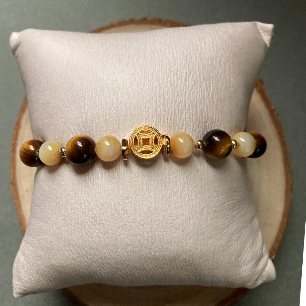 招財雙錢虎眼黃貝玉手鍊-細節圖5