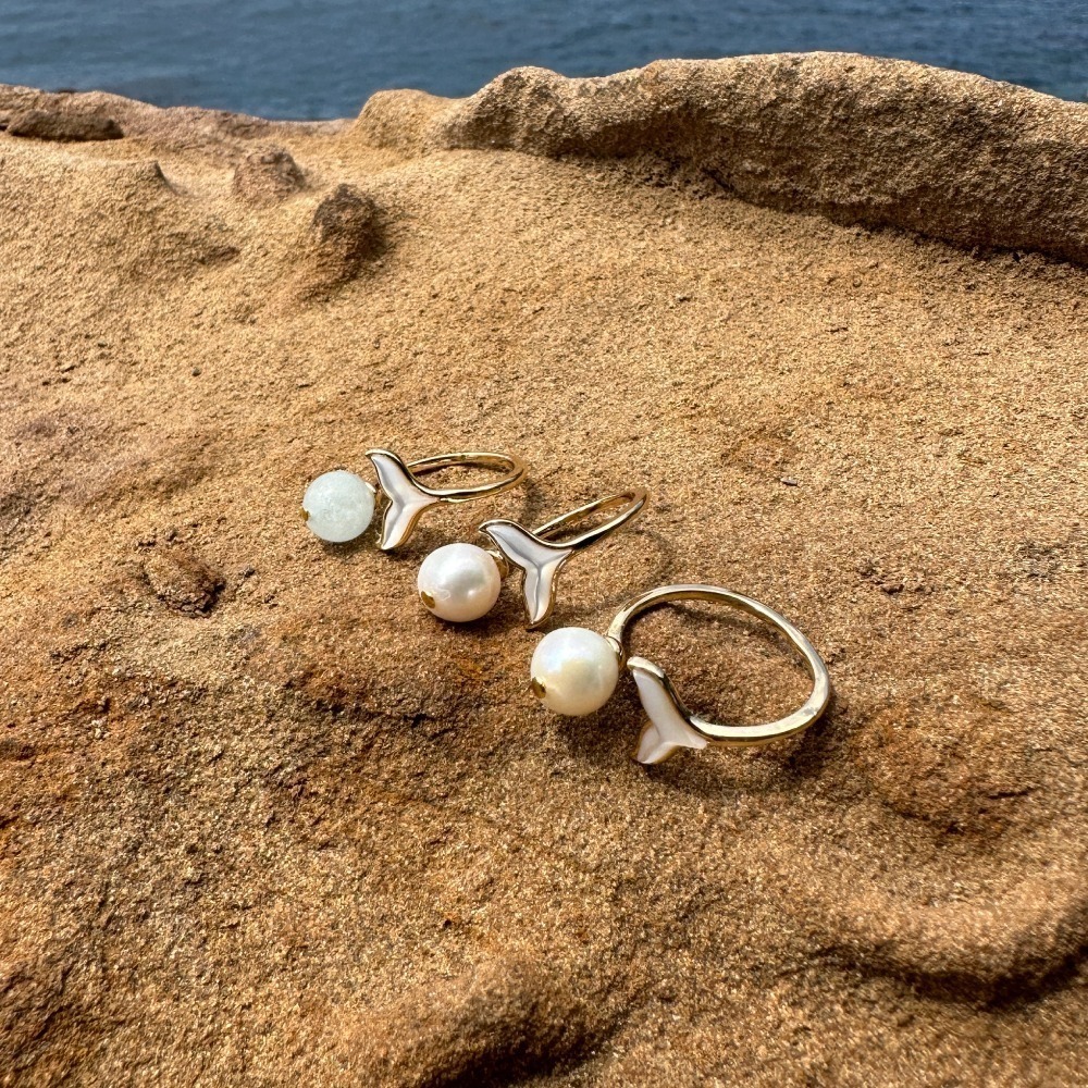 珍珠海藍寶珠貝魚尾戒指-細節圖4