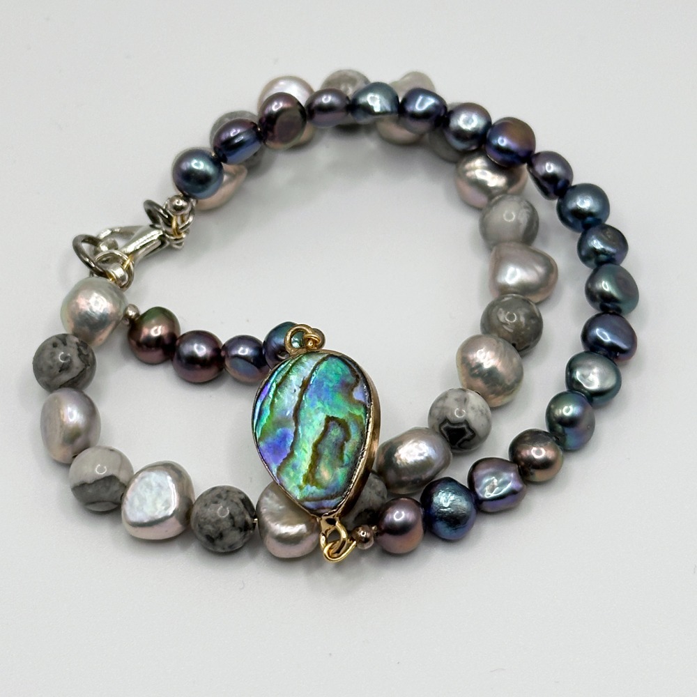 海洋亮玉貝黑灰珍珠雙鍊-細節圖2