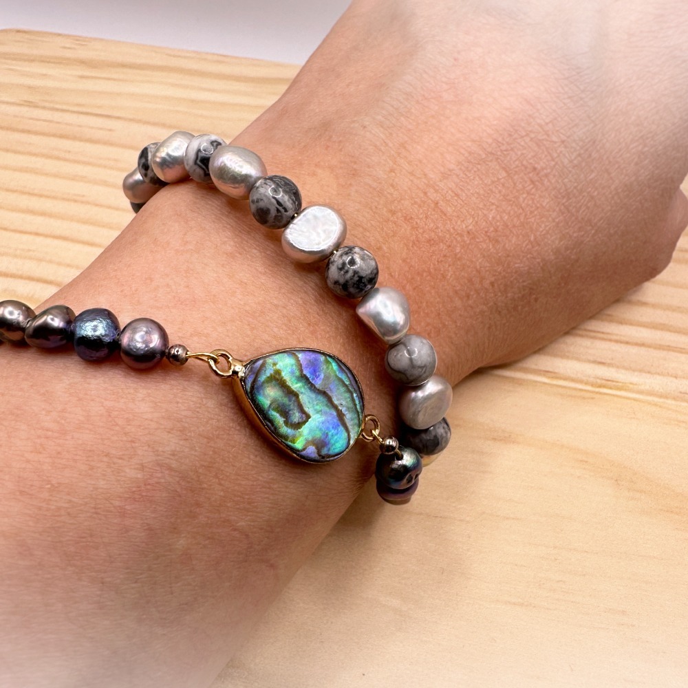 海洋亮玉貝黑灰珍珠雙鍊-細節圖3