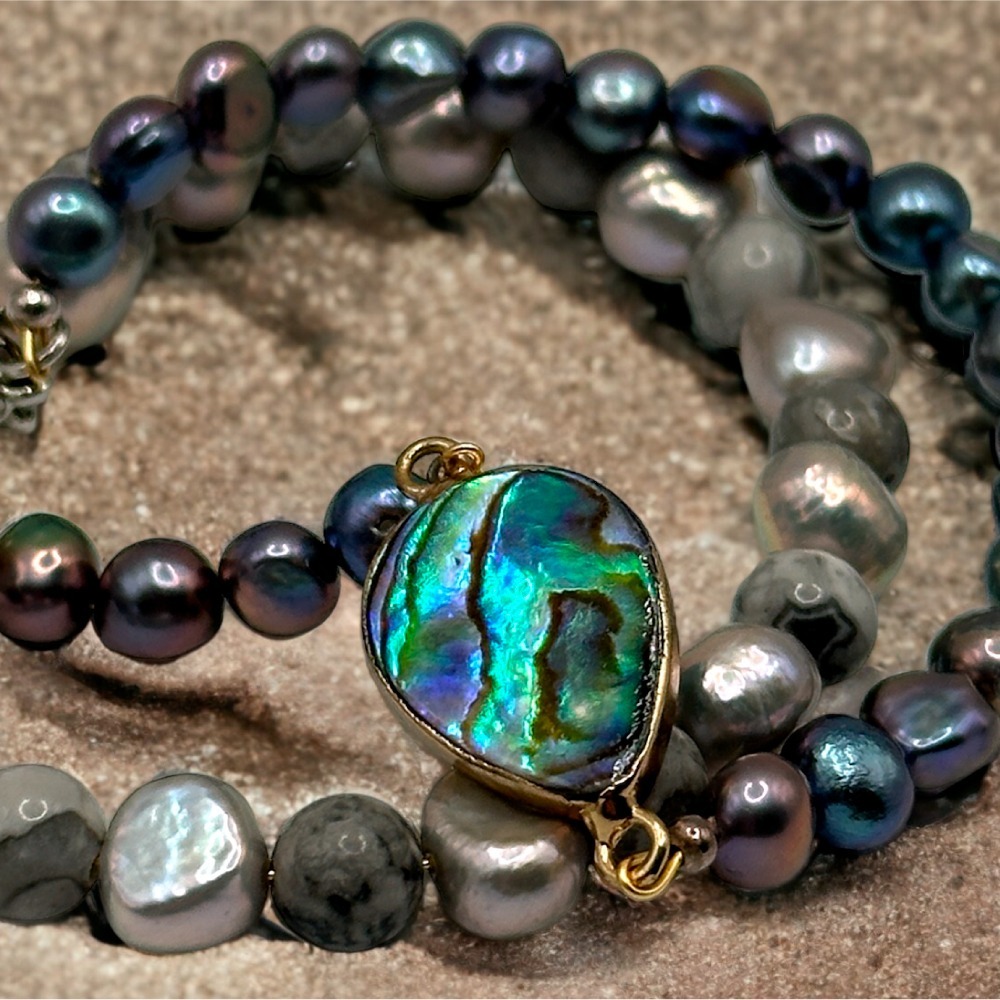 海洋亮玉貝黑灰珍珠雙鍊-細節圖4