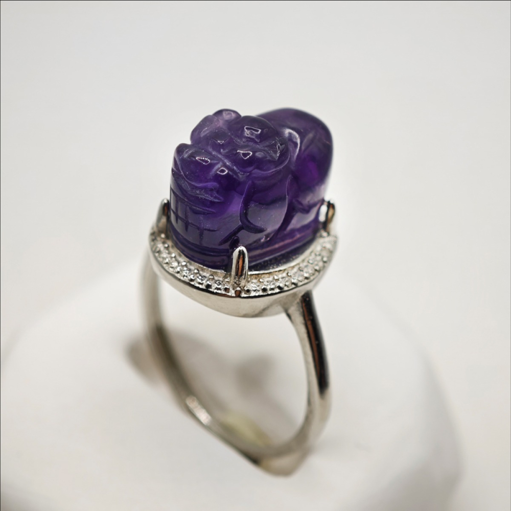 天然紫水晶貔貅開運戒指-細節圖2