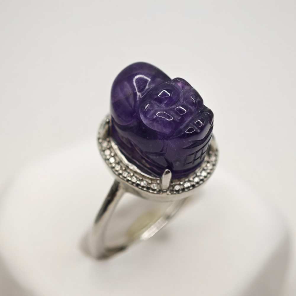 天然紫水晶貔貅開運戒指-細節圖4