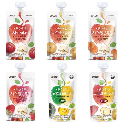 增加新口味 韓國LUSOL 水果果泥 4種口味/蘋果/水梨蘋果/胡蘿蔔蘋果/草莓蘋果4m+100g/80g