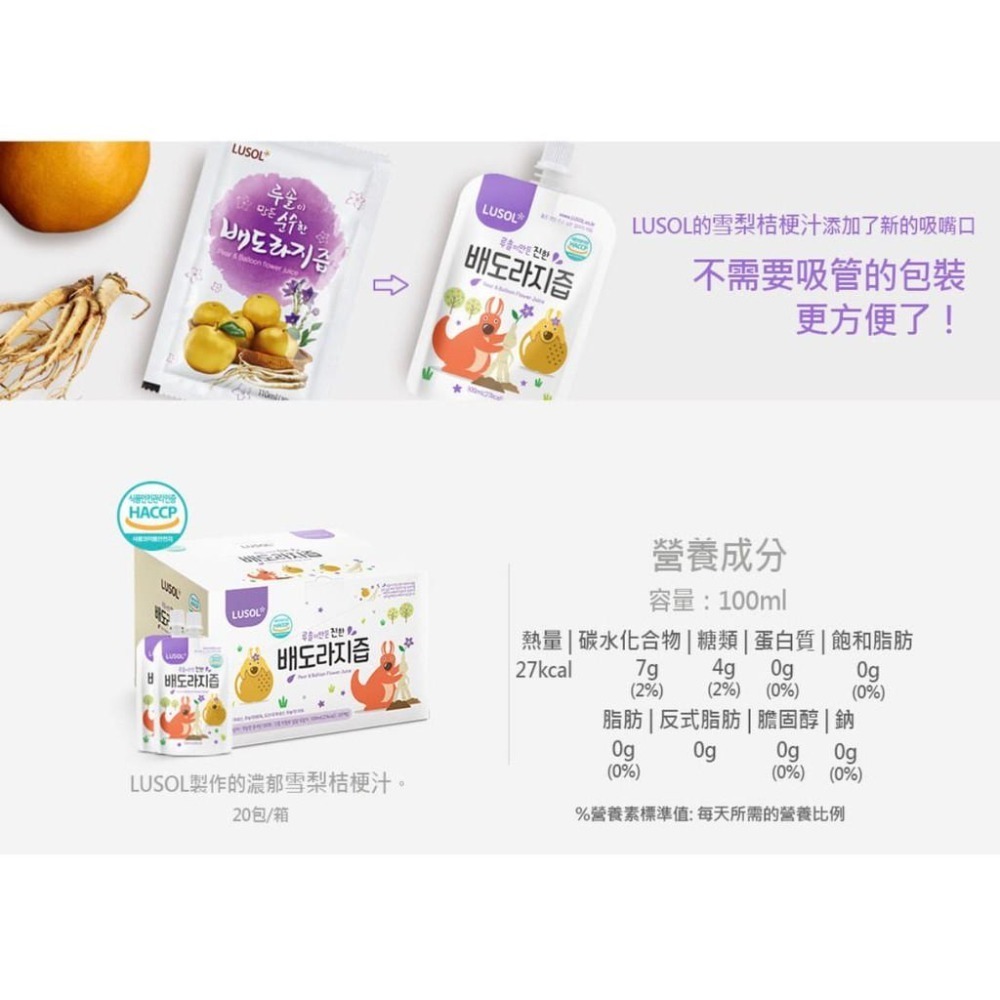 韓國 LUSOL 嬰幼兒雪梨桔梗汁 100ml/6M+可稀釋/寶寶飲品/-細節圖3