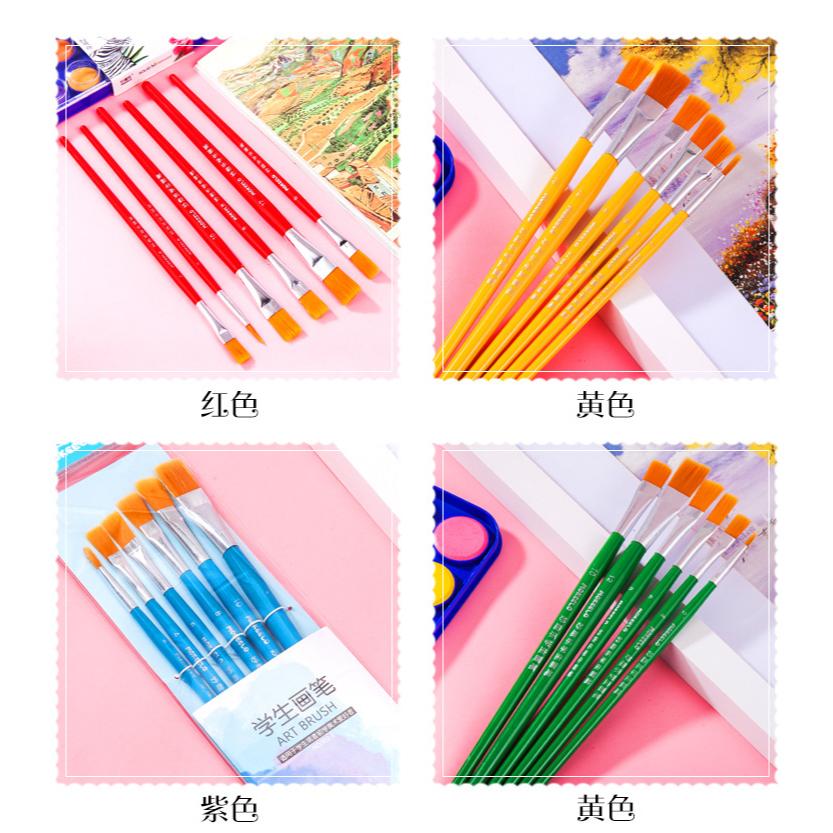 多頭木製筆桿 水彩丙烯筆刷 美術繪畫筆 尼龍毛油畫筆套裝 學生美術工具 6枝入-細節圖4