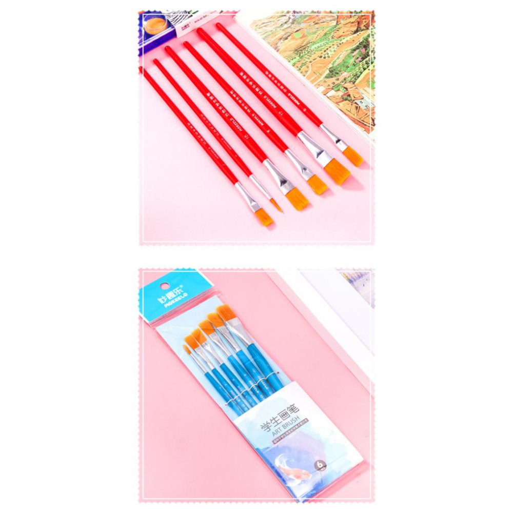 多頭木製筆桿 水彩丙烯筆刷 美術繪畫筆 尼龍毛油畫筆套裝 學生美術工具 6枝入-細節圖6
