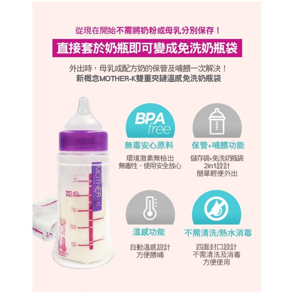 韓國MOTHER-K 免洗奶瓶+雙重夾鏈免洗奶瓶袋250ml/25入/50入/ 外出必備/K-MOM-細節圖2