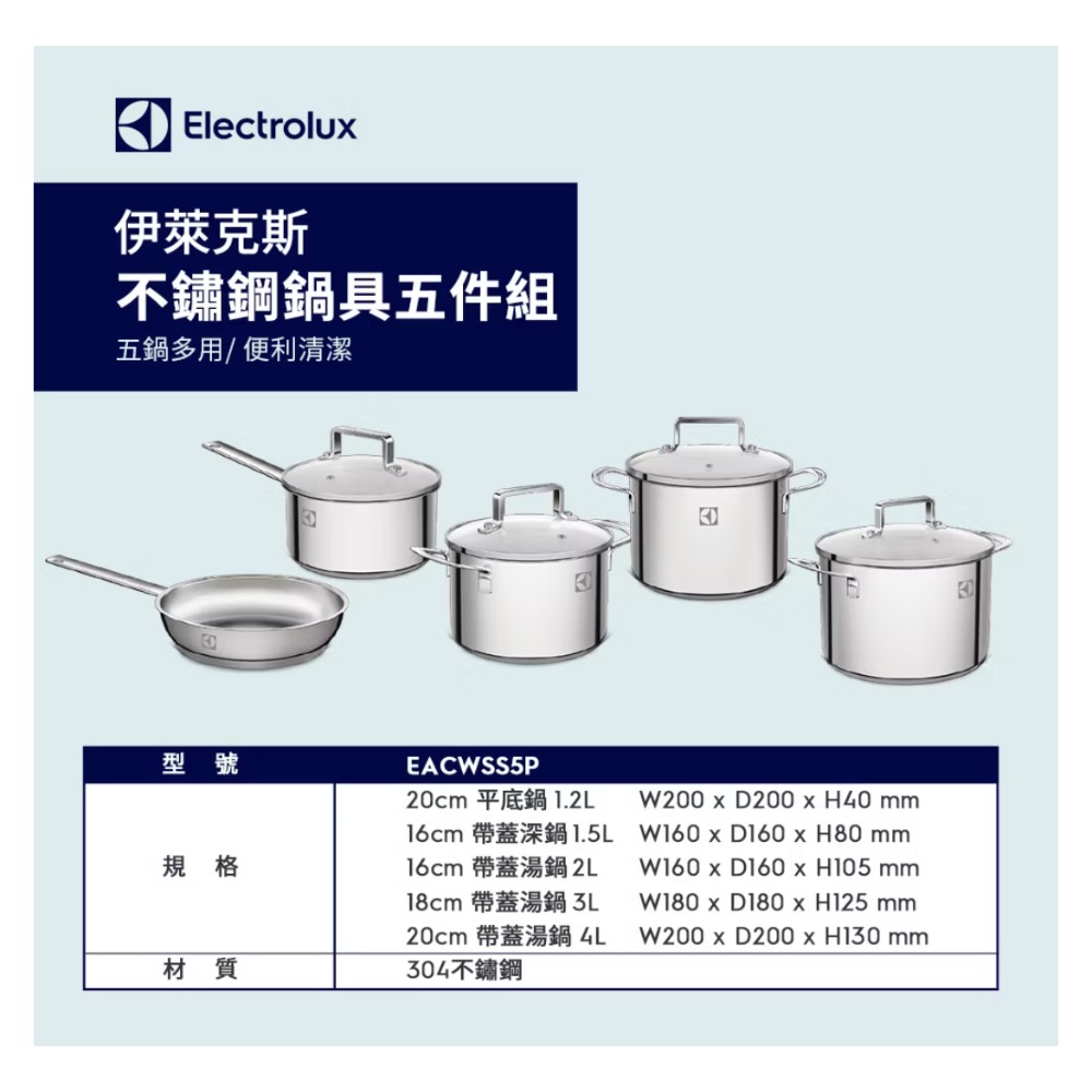 全新伊萊克斯不鏽鋼鍋具五件組/平底鍋/湯鍋/鍋蓋-細節圖5