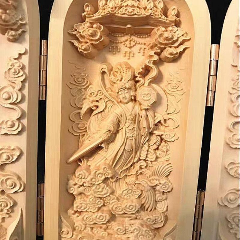 『富貴坊』【開光】黃楊木九天玄女三開雕像，九天娘娘，九天玄女，女神浮雕像，九天仙女，求子孕育，事業運，護身平安-細節圖2