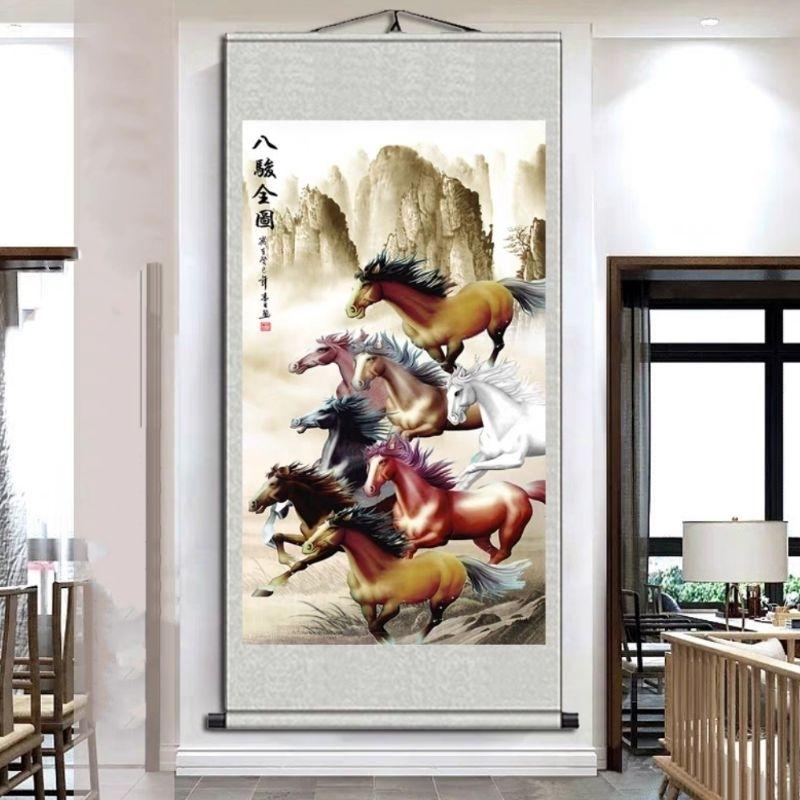 富貴坊』【開光】八駿圖絲綢卷軸掛畫，八駿圖，招財馬，升官馬