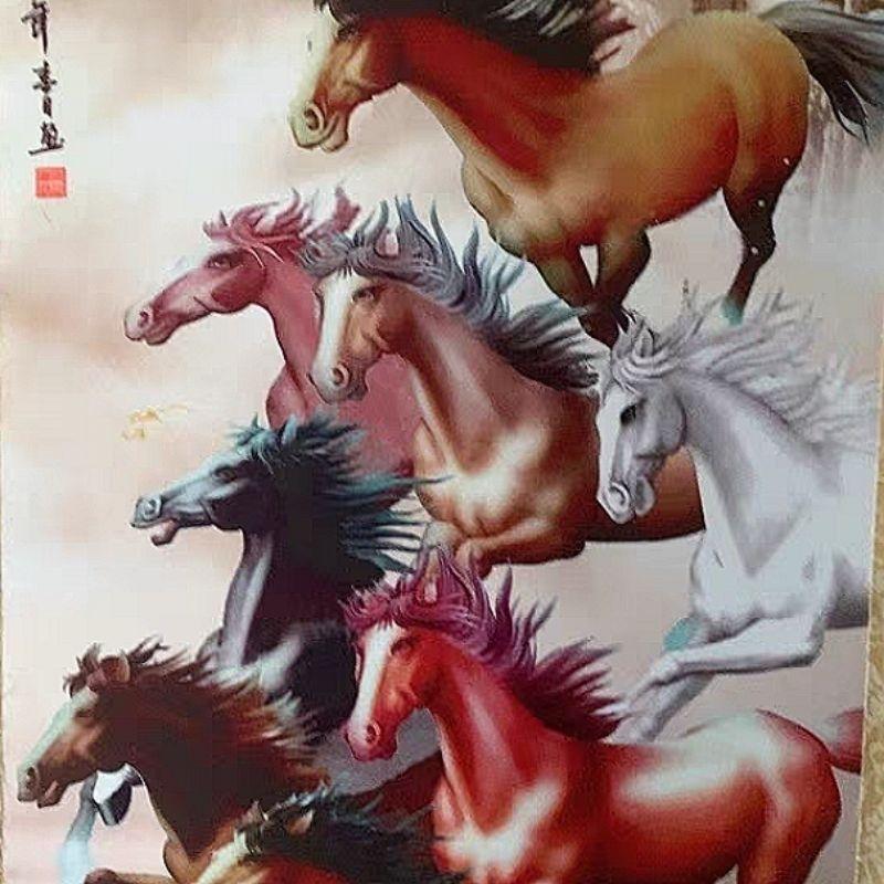 富貴坊』【開光】八駿圖絲綢卷軸掛畫，八駿圖，招財馬，升官馬